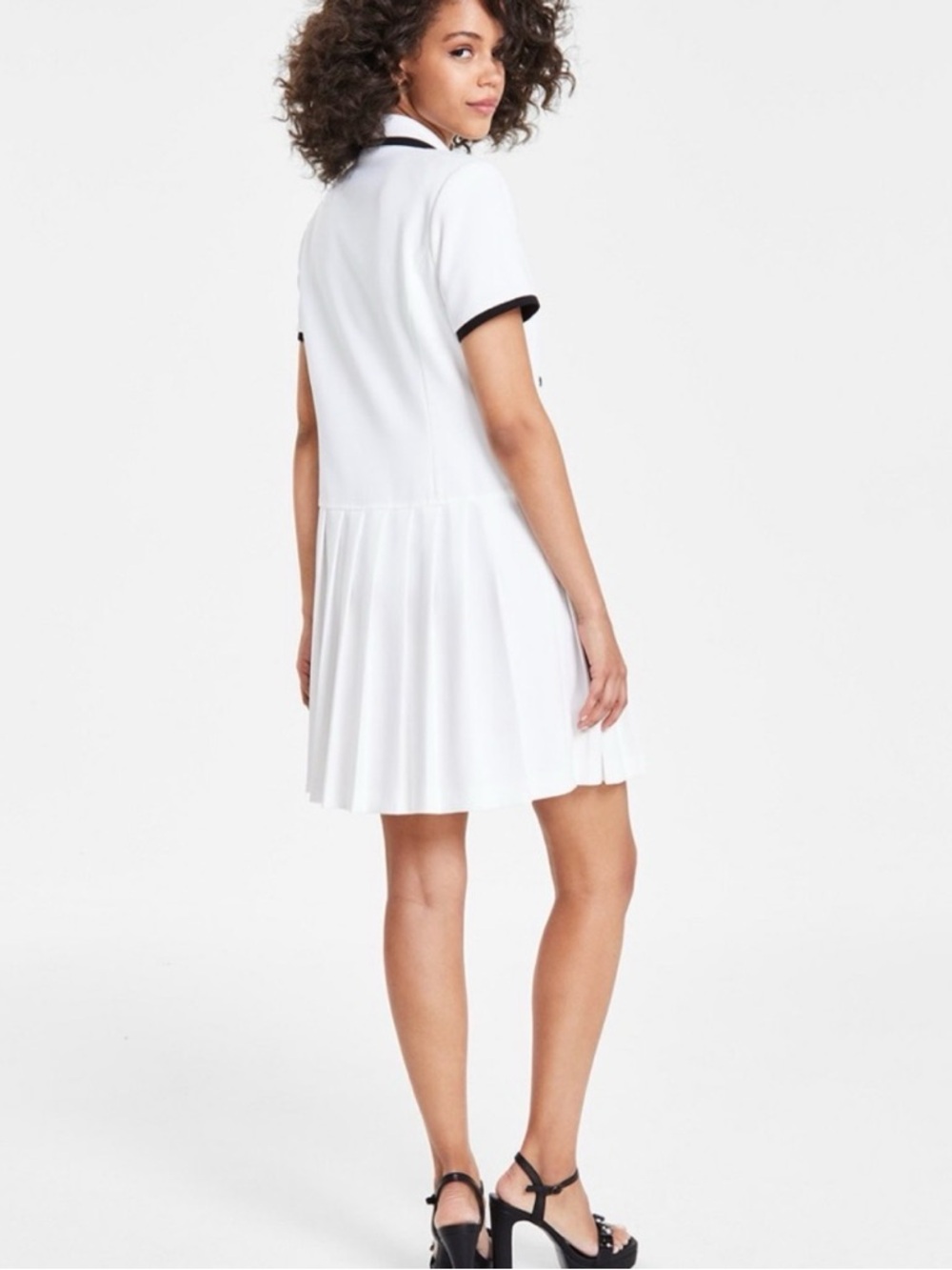 Karl Lagerfeld White Short-Sleeve Pleated Dress with Black Trim - Picture 2 of 5